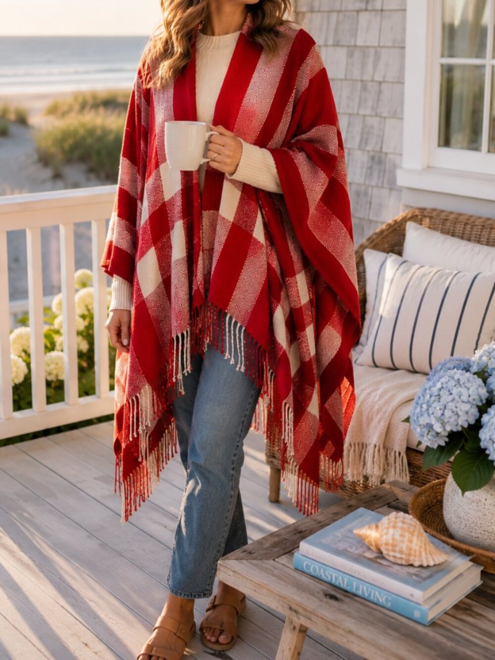 Moss Rose Travel Shawl Wrap Red Plaid Fringe Open Front Cape Poncho